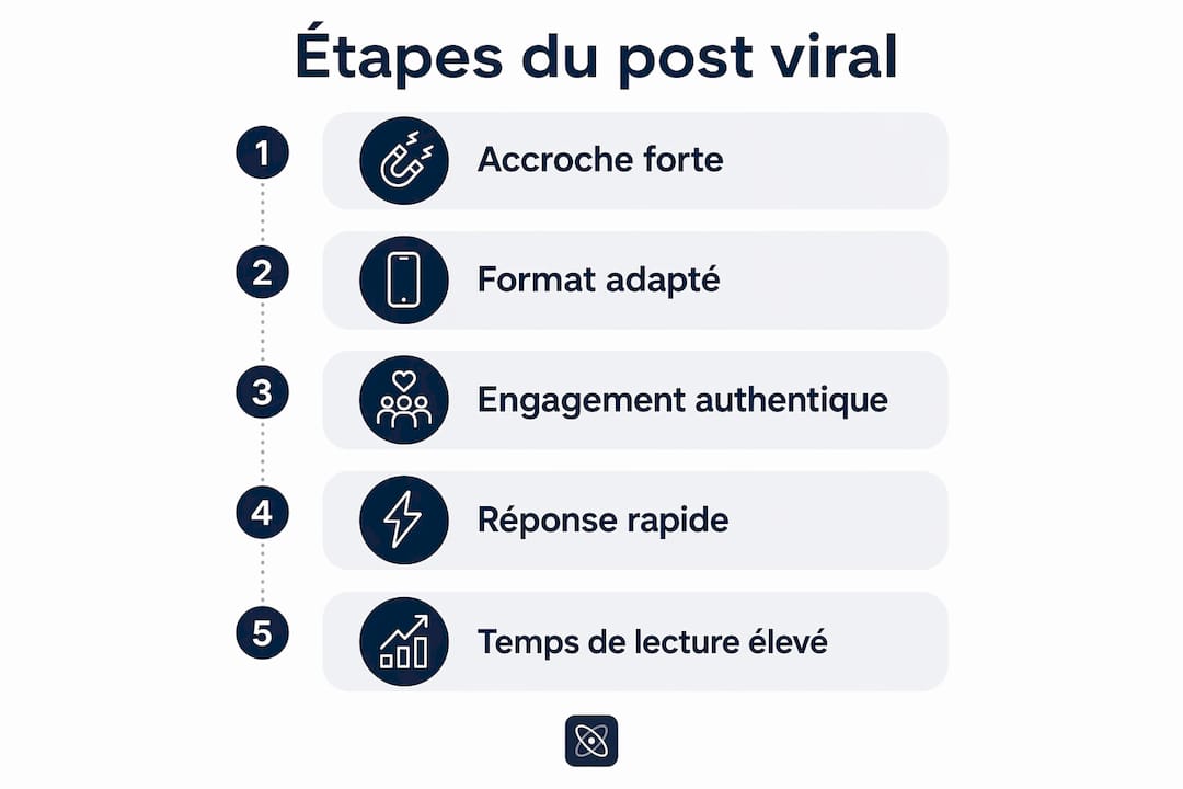 Découvrez en un coup d’œil les différentes étapes pour créer un post LinkedIn à fort potentiel viral grâce à notre infographie.