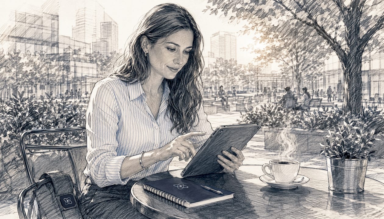 Des mains consultent différents formats de publications LinkedIn sur un smartphone, attablé dans un café.