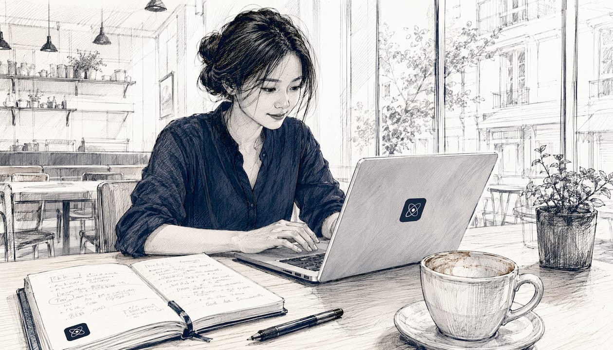 Rédaction d’une newsletter sur un ordinateur portable, installé dans l’ambiance chaleureuse d’un café.