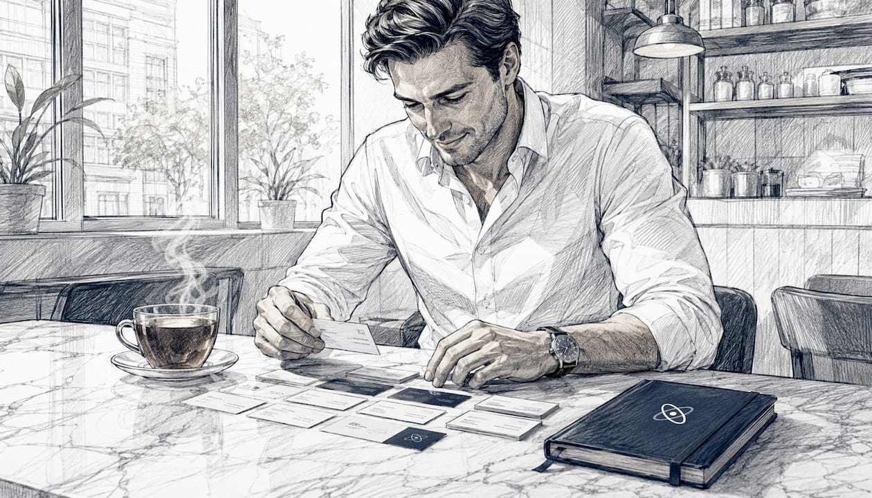Des mains qui organisent des cartes de visite sur un bureau