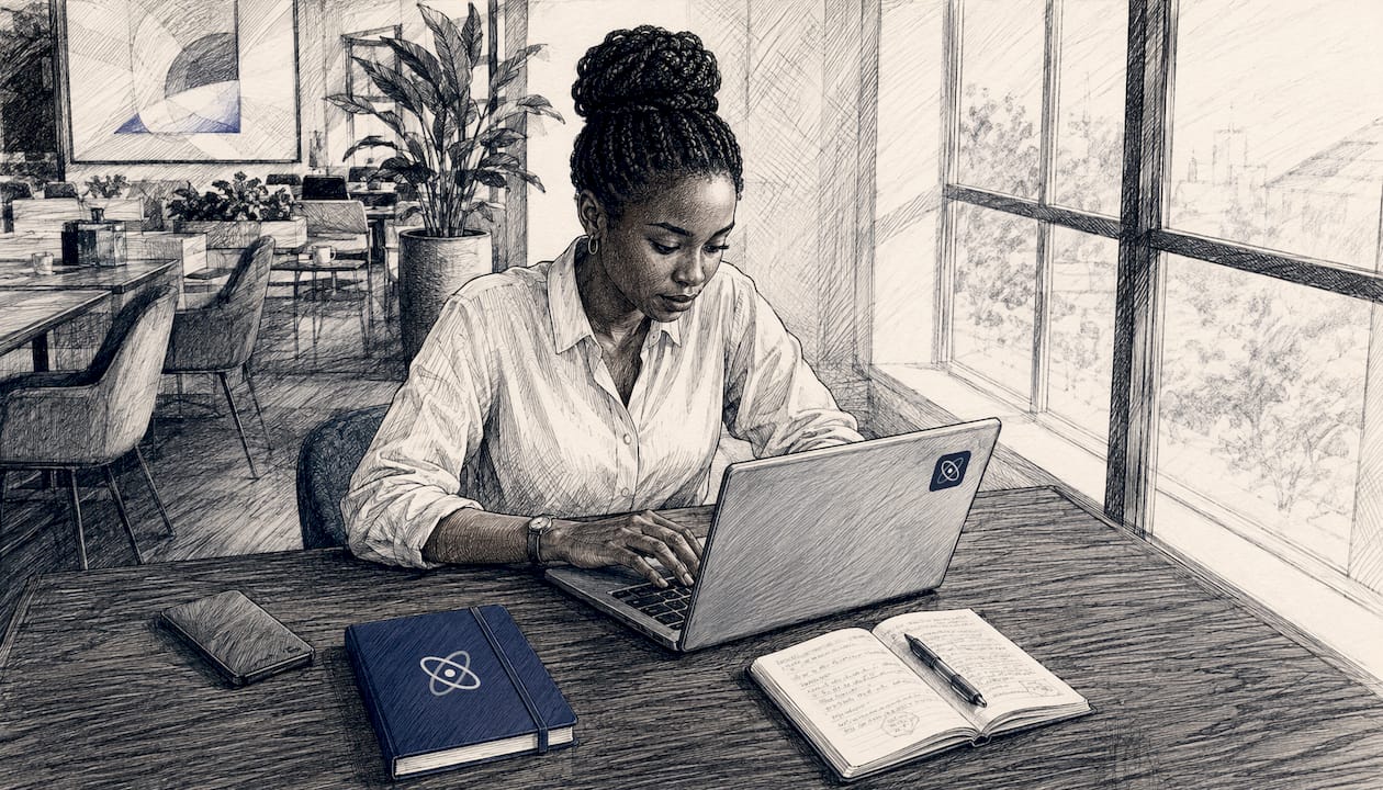 Une femme tapote sur son ordinateur portable, installée confortablement dans un café.
