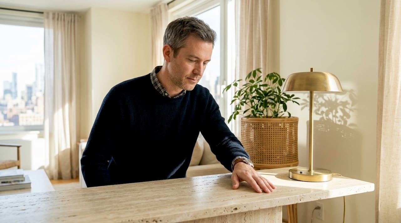 Man inspecting texture and lighting in décor