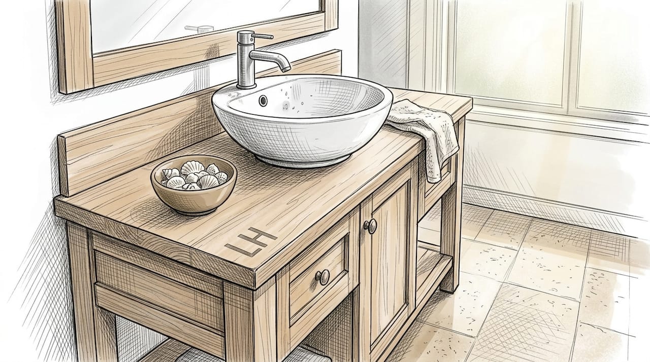 Handcrafted timber bathroom vanity with natural light