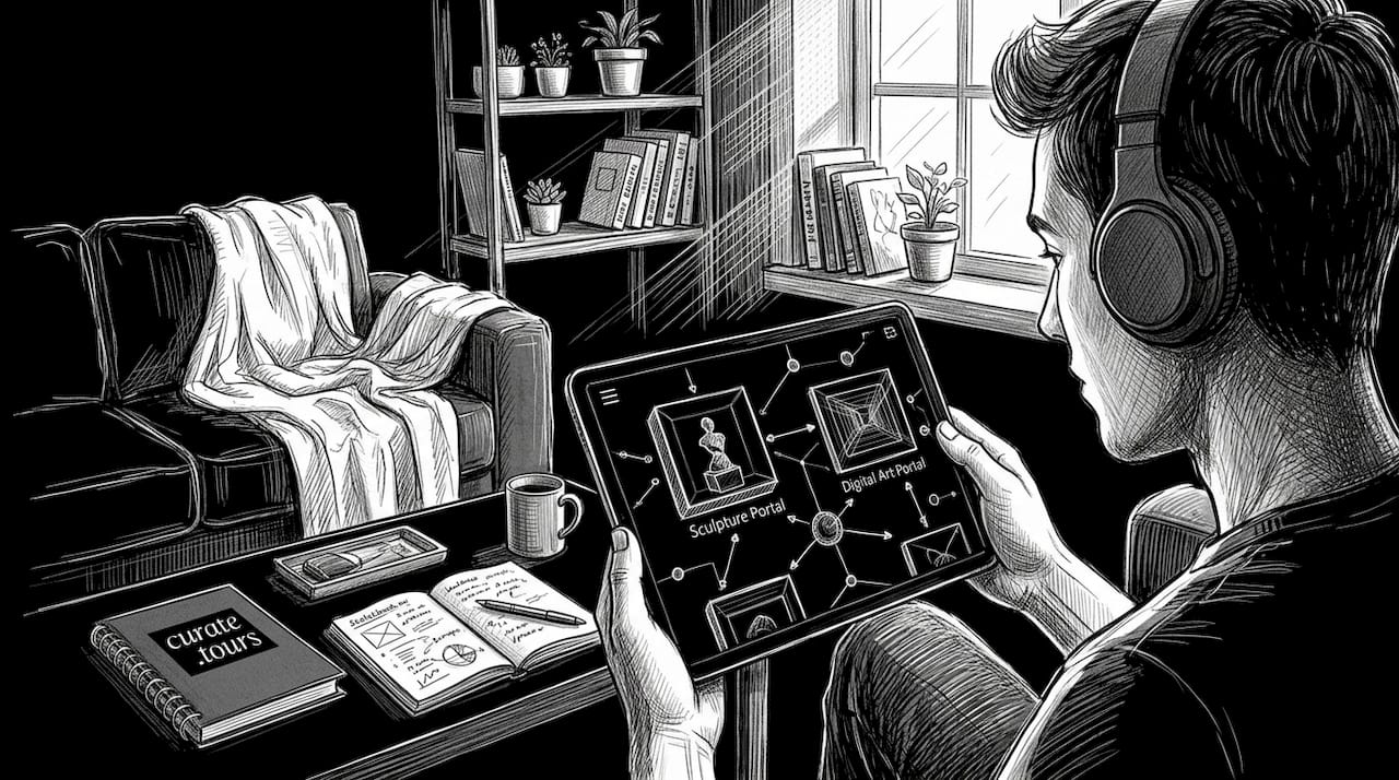 Man navigating virtual art gallery on tablet