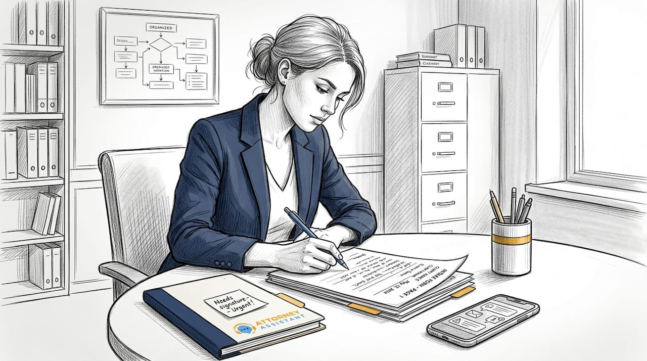 Paralegal completing intake form in meeting room