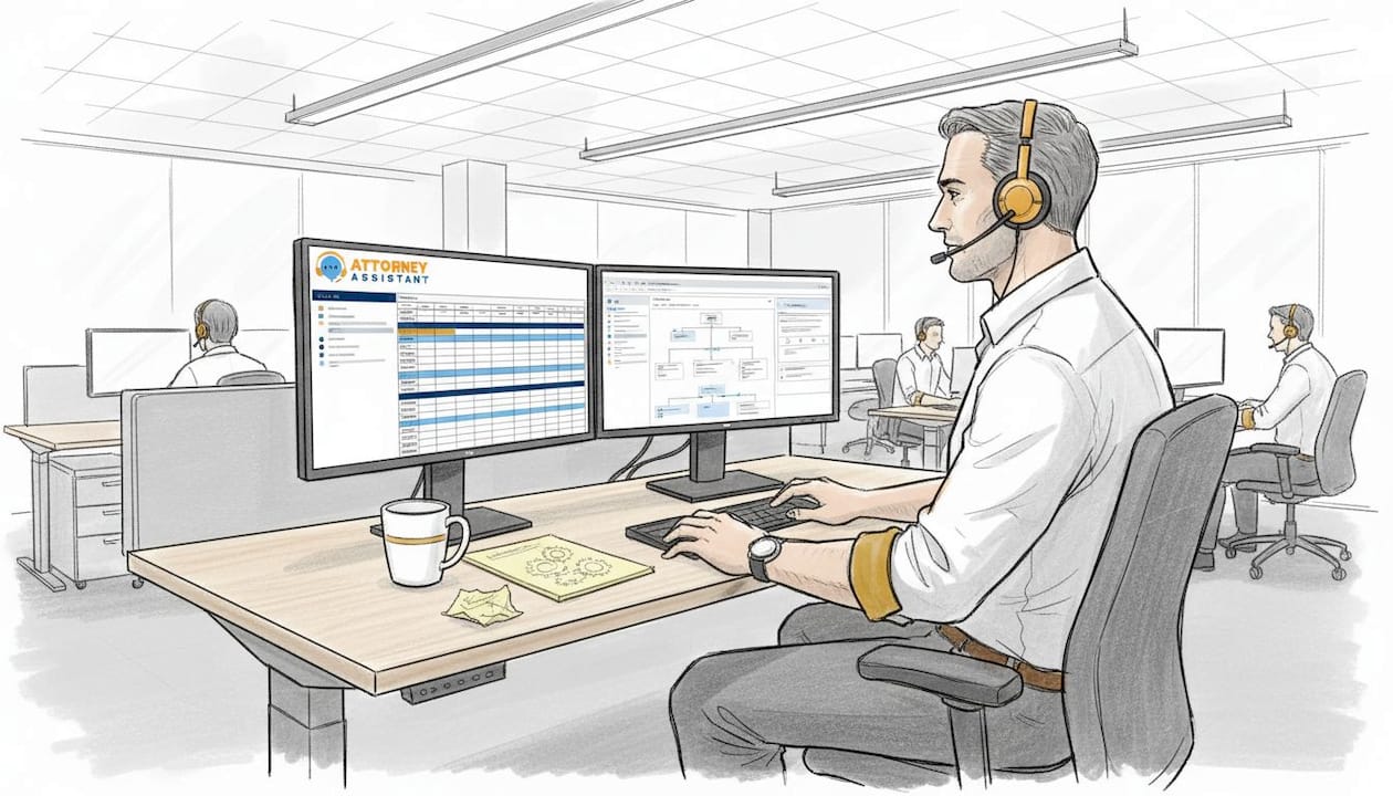 Man reviewing law firm call logs at desk