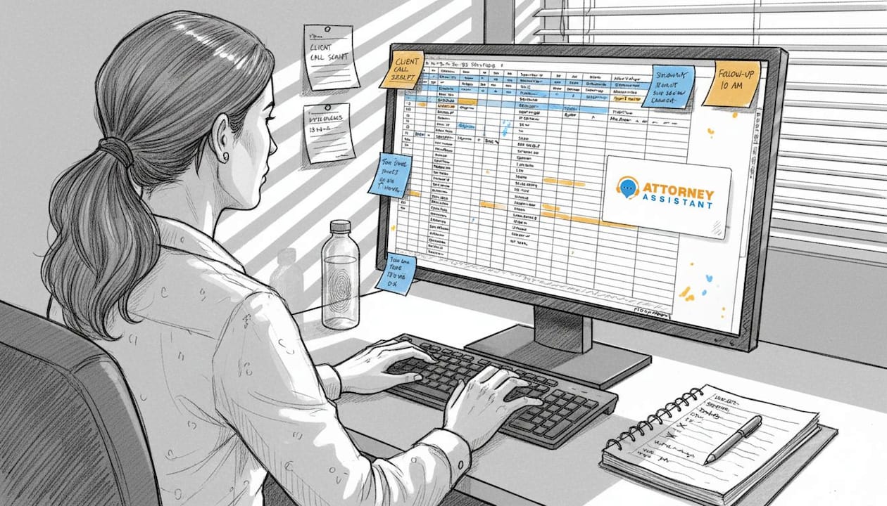 Intake specialist updating spreadsheet at messy desk