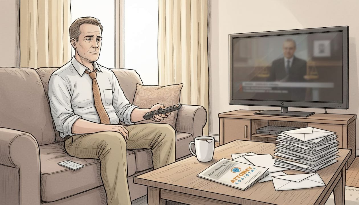 Missed law firm call in living room setting