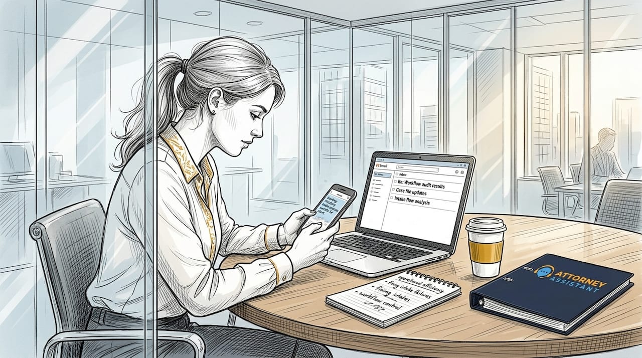 Paralegal multitasking with phone and laptop