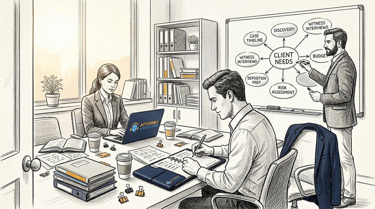 Team of lawyers collaborating on client needs