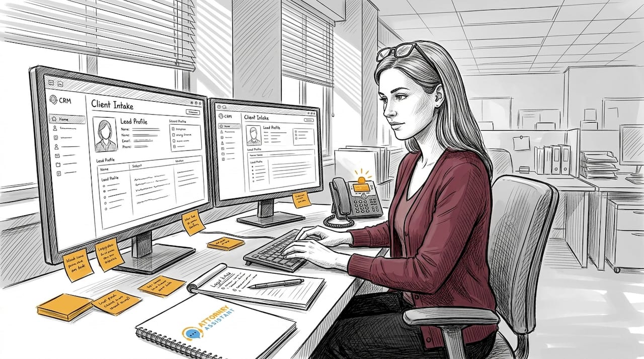 Paralegal entering lead data in office workspace