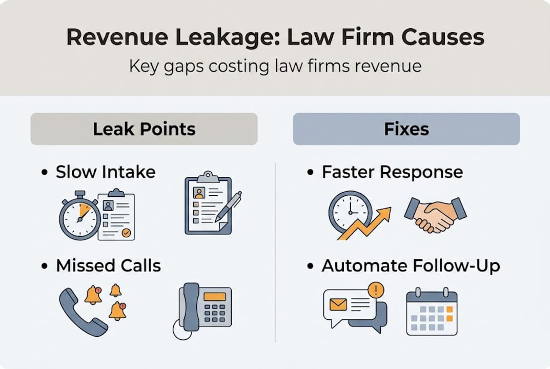 Infographic showing law firm revenue leaks and fixes