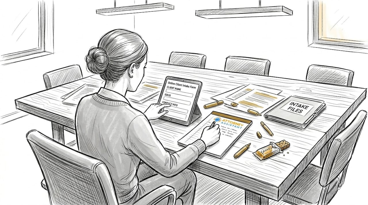 Paralegal verifying intake forms at meeting table