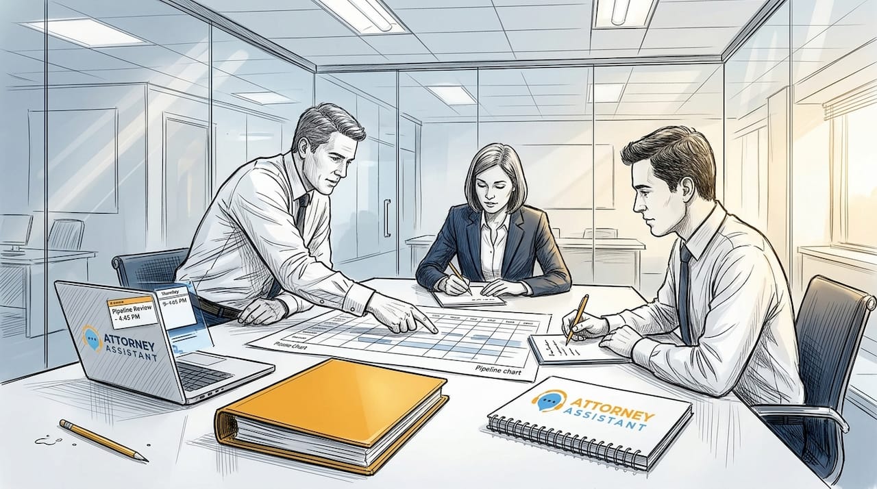 Team meeting reviewing law firm pipeline