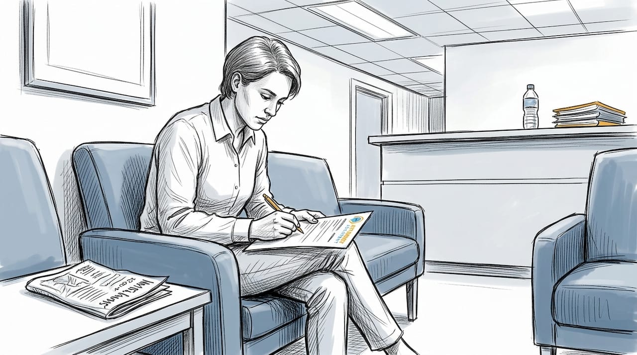 Client completing intake form in law firm lobby