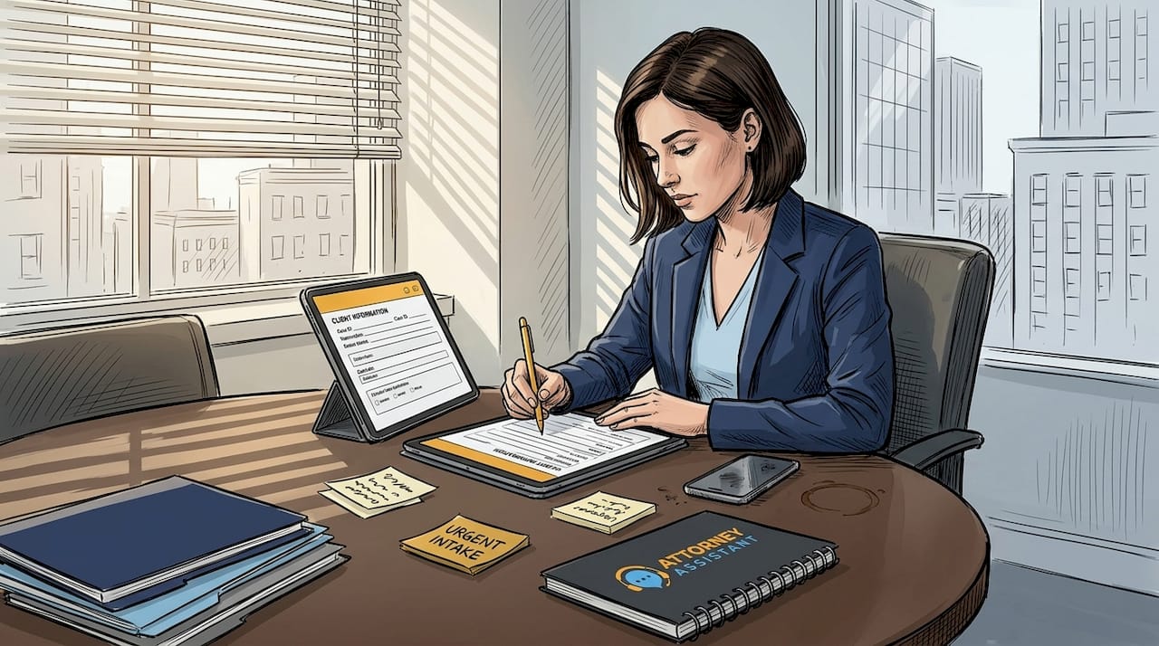 Paralegal entering client data in conference room