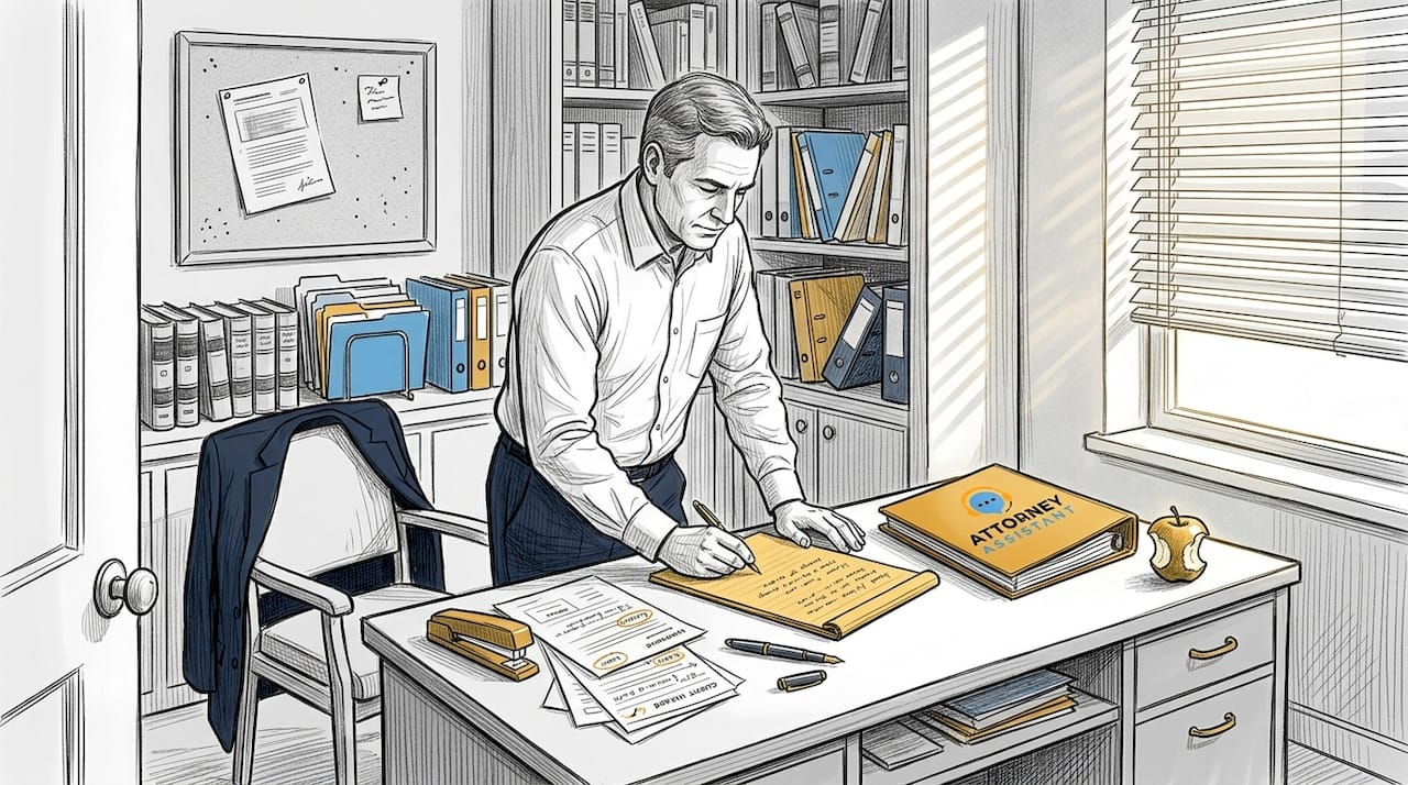 Attorney reading handwritten legal lead notes