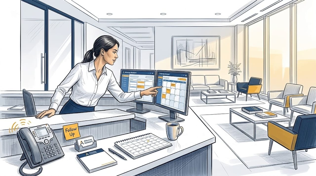 Receptionist with unanswered phone and notes