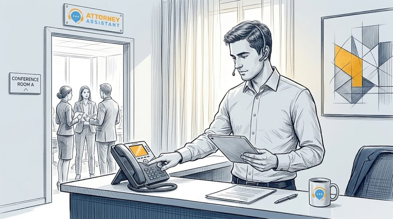 Receptionist routing calls at law firm front desk