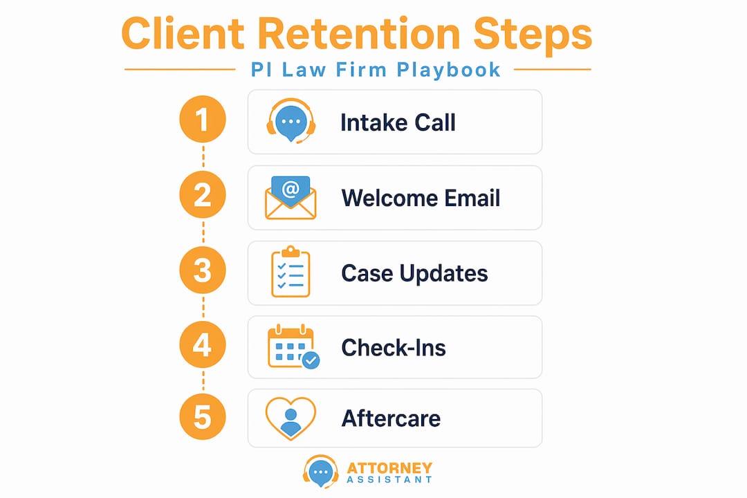 Infographic showing PI law firm client retention steps