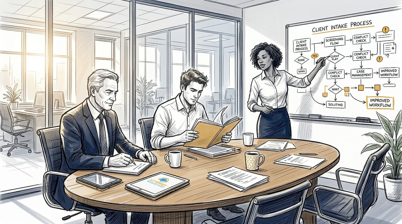 Law firm team reviews funnel at meeting table