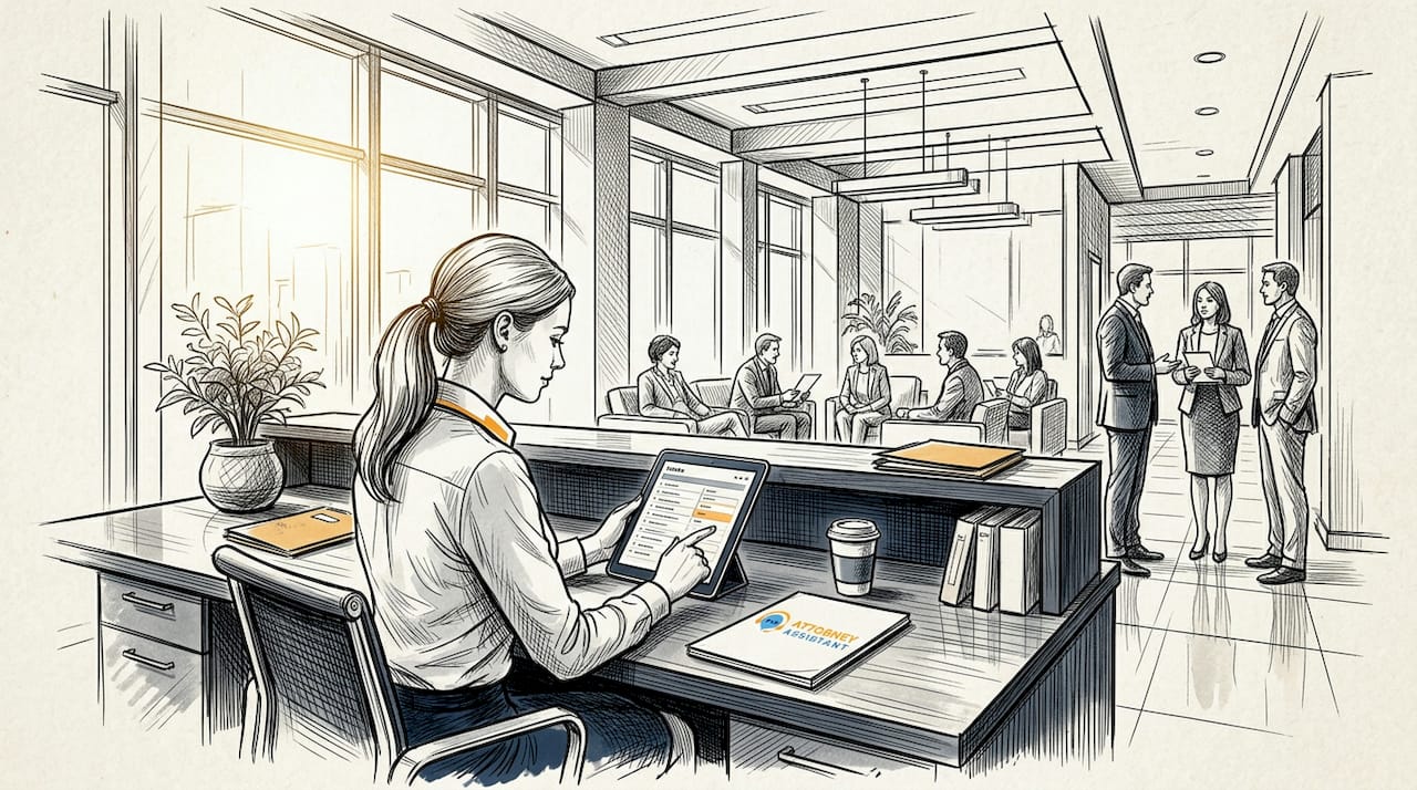 Receptionist reviewing digital intake requests at desk