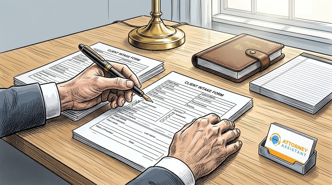 Lawyer reviewing intake forms at desk