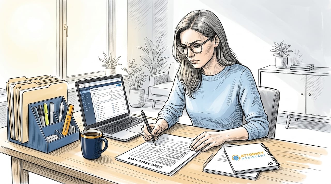 Paralegal reviewing client intake form