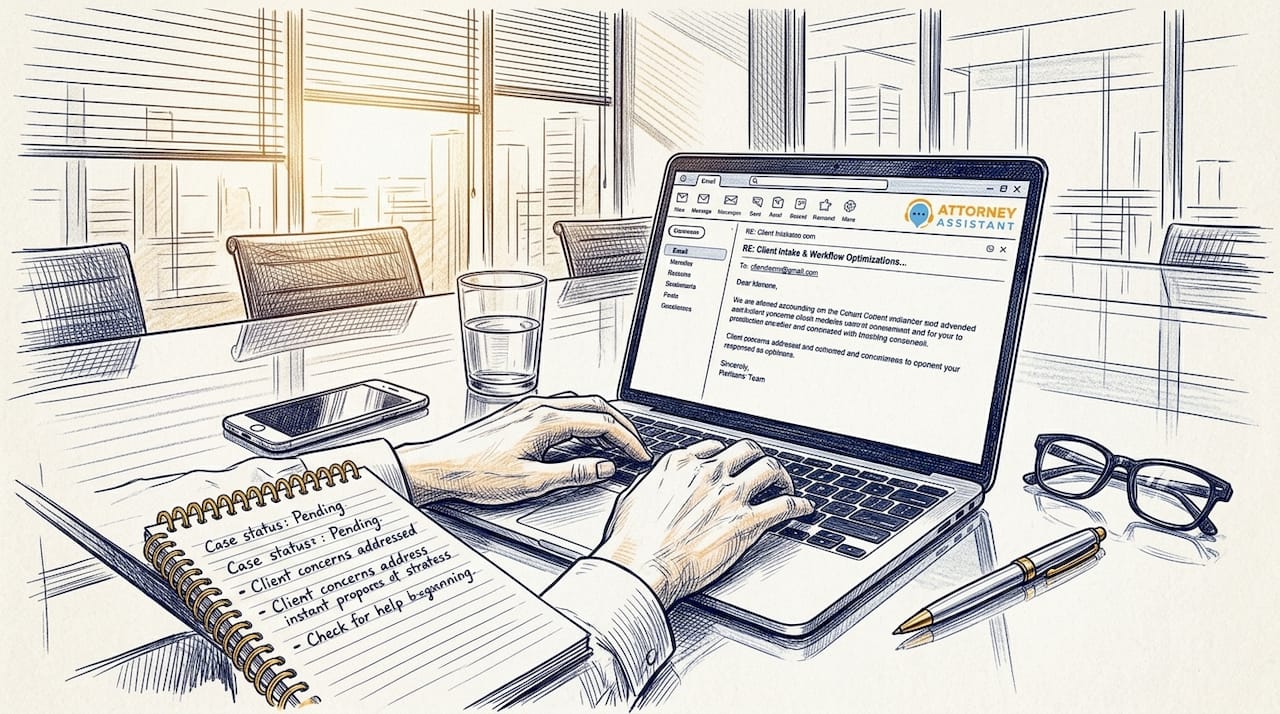 Hands typing email at law office