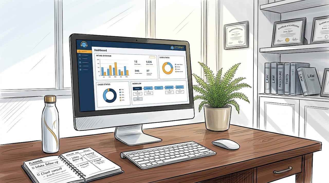 Legal intake software dashboard on office computer