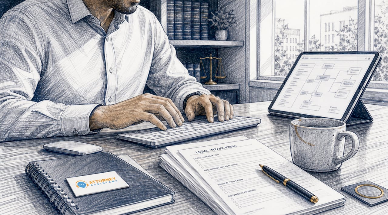 Hands typing with legal intake documents nearby