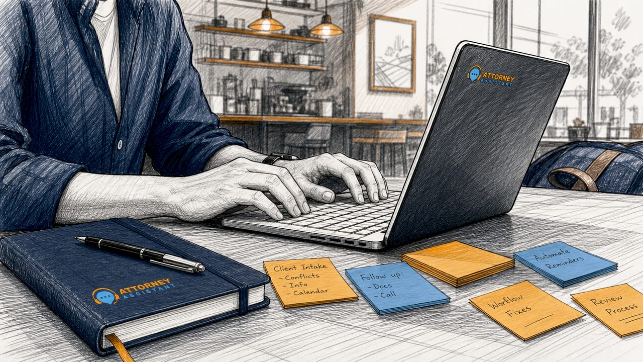 Hands typing on laptop with case workflow documents