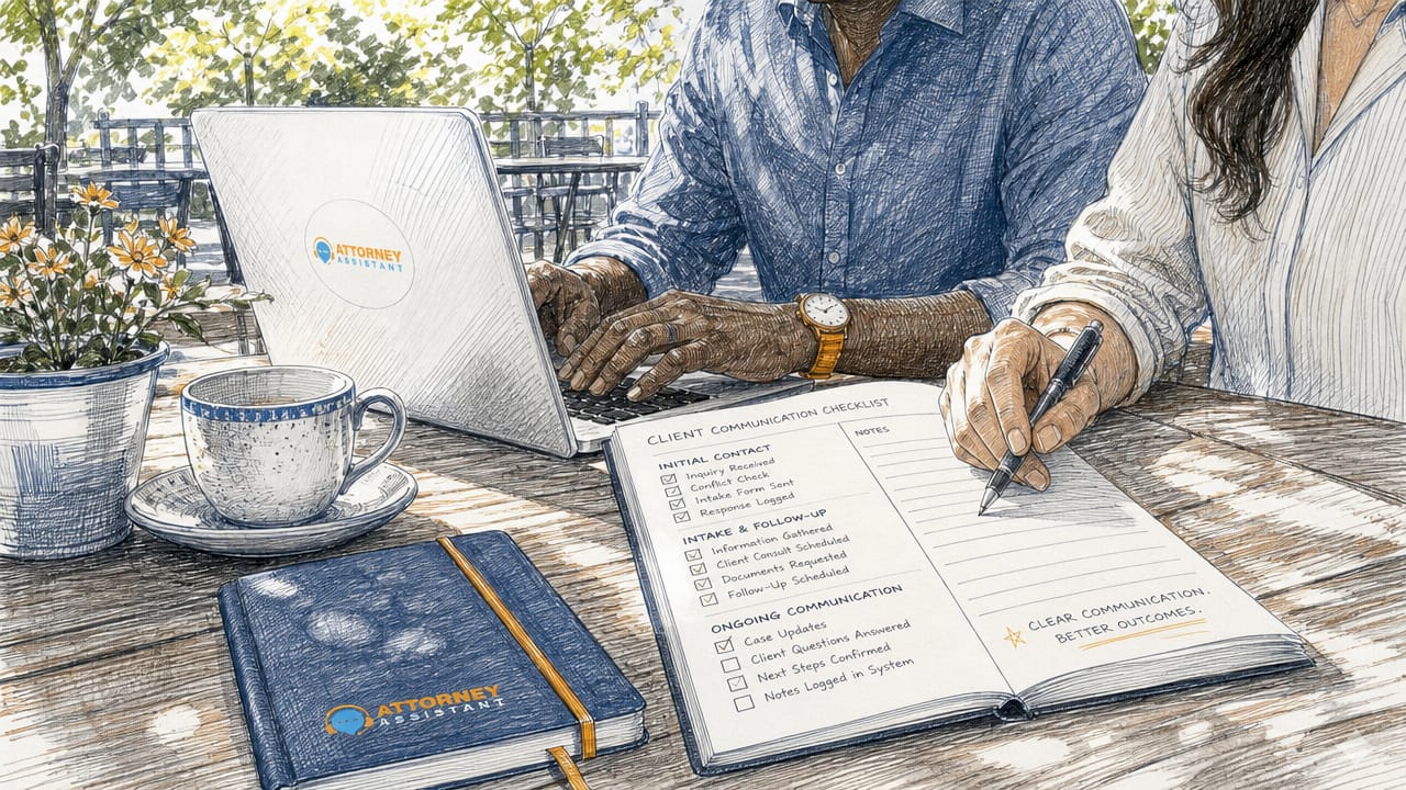 Hands coordinating law firm client follow-up communication