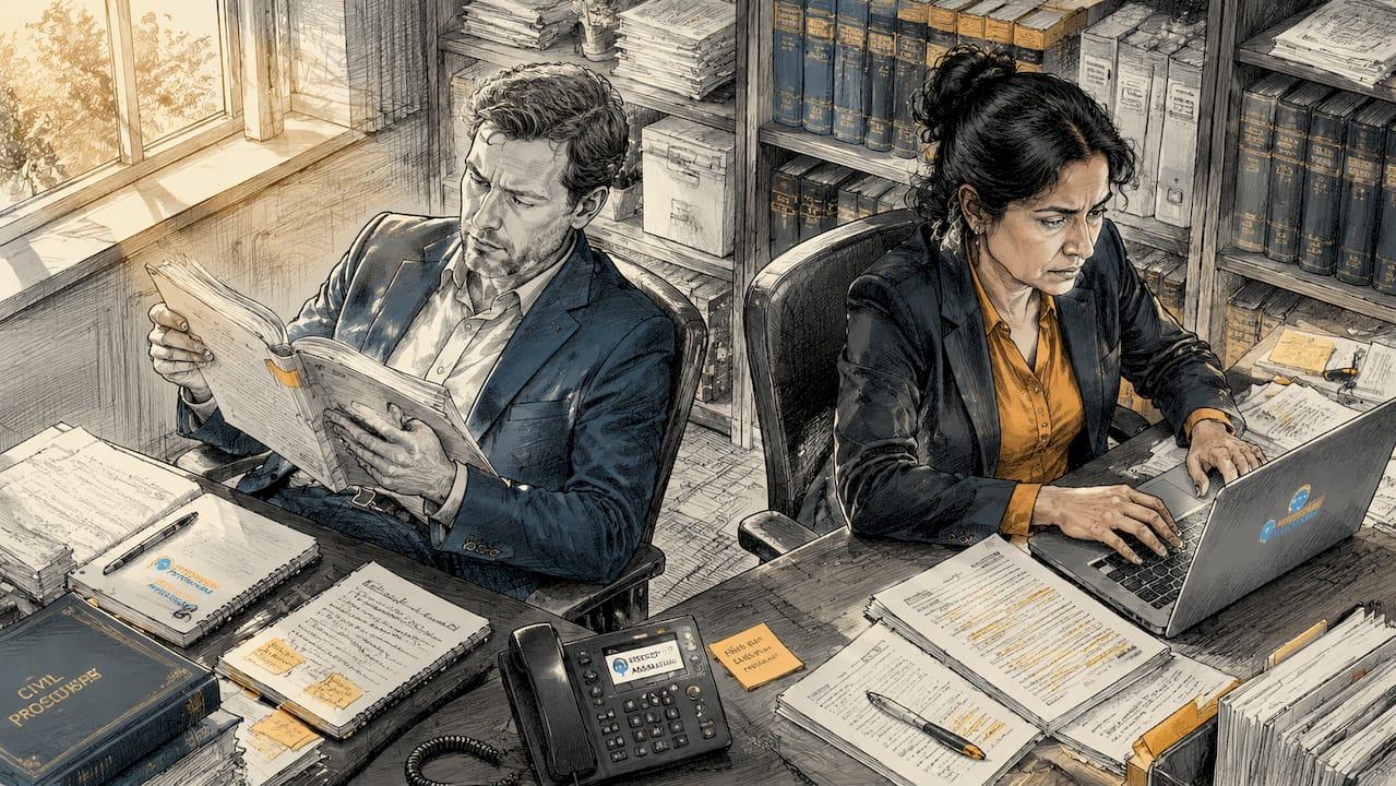 Lawyers handling heavy workload in office