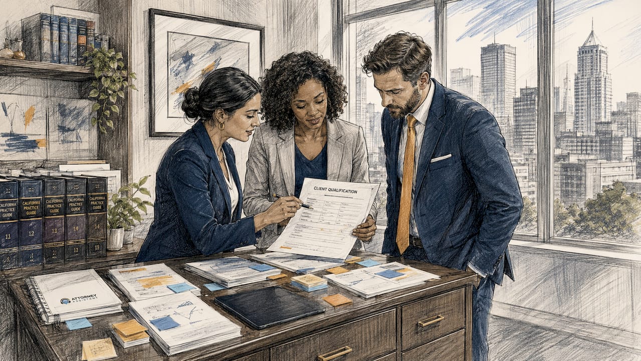 Law firm team discussing client intake documents
