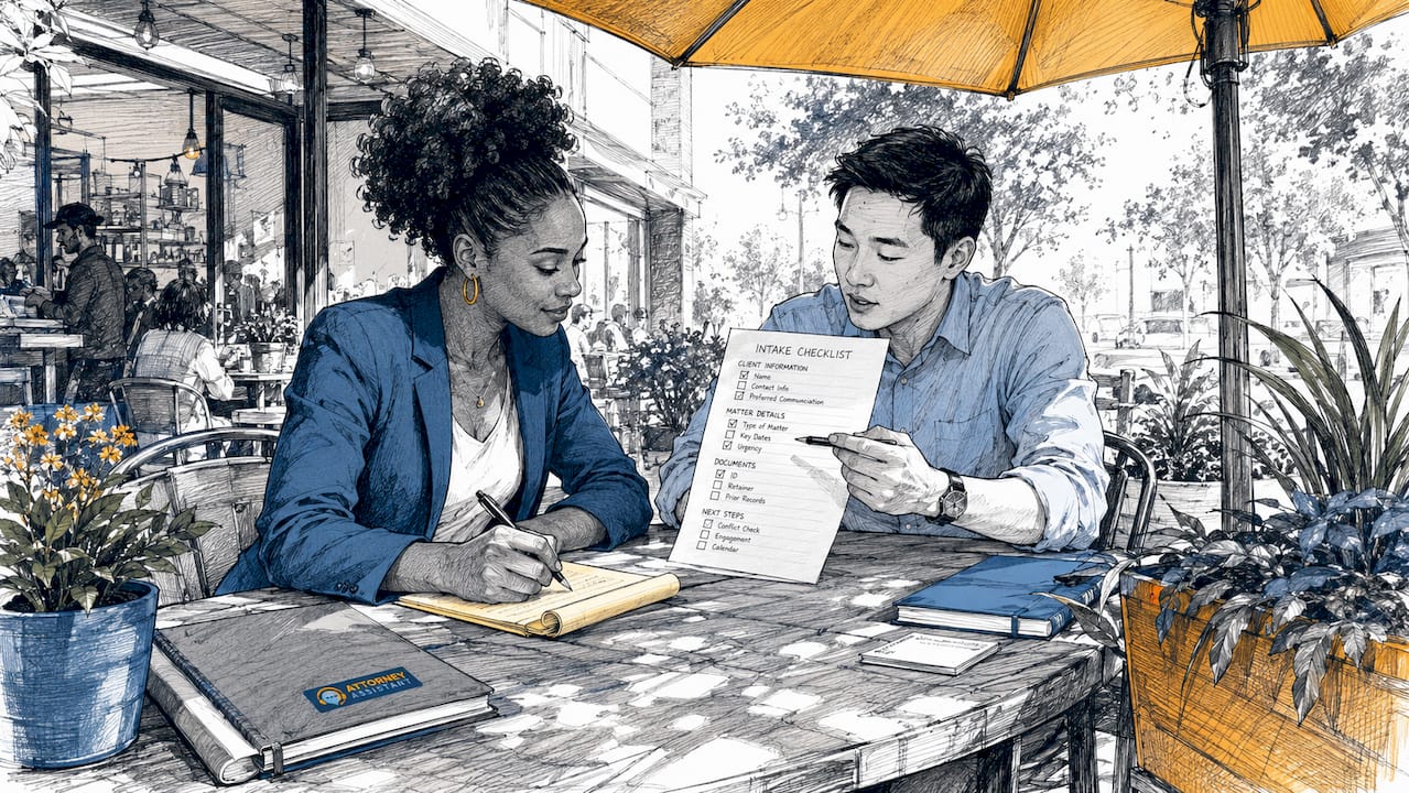 Legal assistants reviewing intake checklist