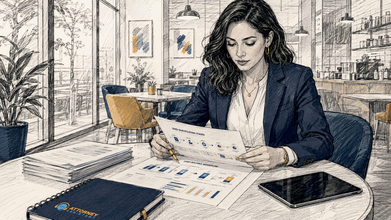 Lawyer reviewing lead management stage documents on table