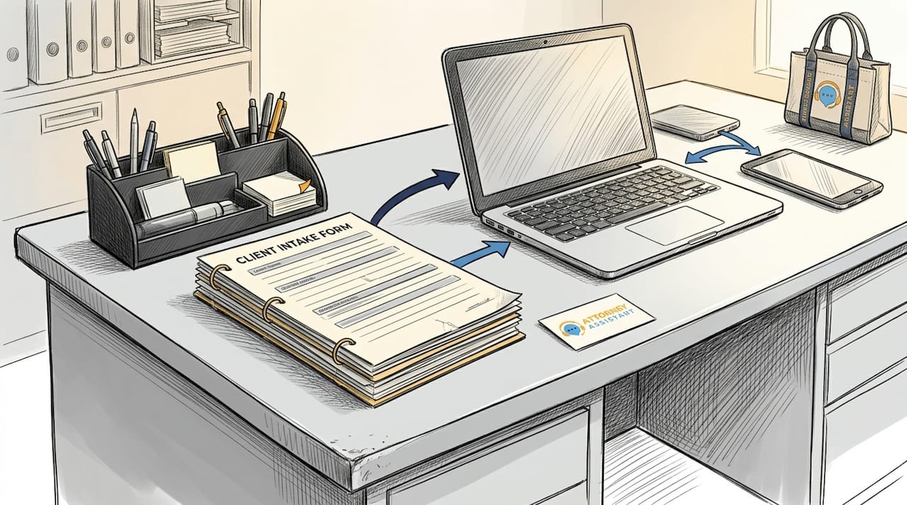 Top view of structured law firm intake desk