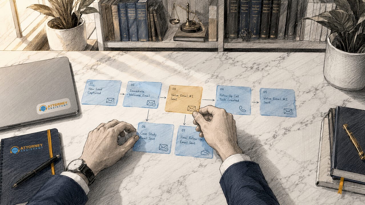 Hands arranging lead nurturing process cards on desk