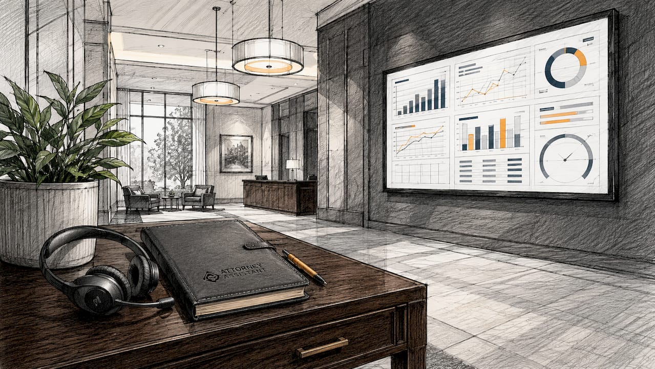 Law firm office with call tracking dashboard display