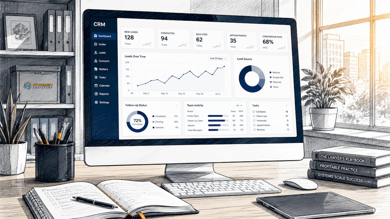 Line-art CRM dashboard in attorney workspace
