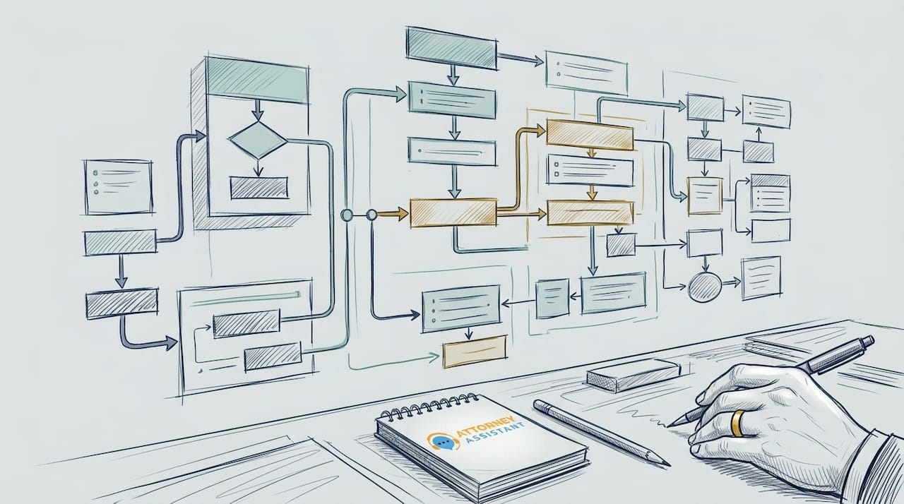 Illustrated law firm intake workflow diagram