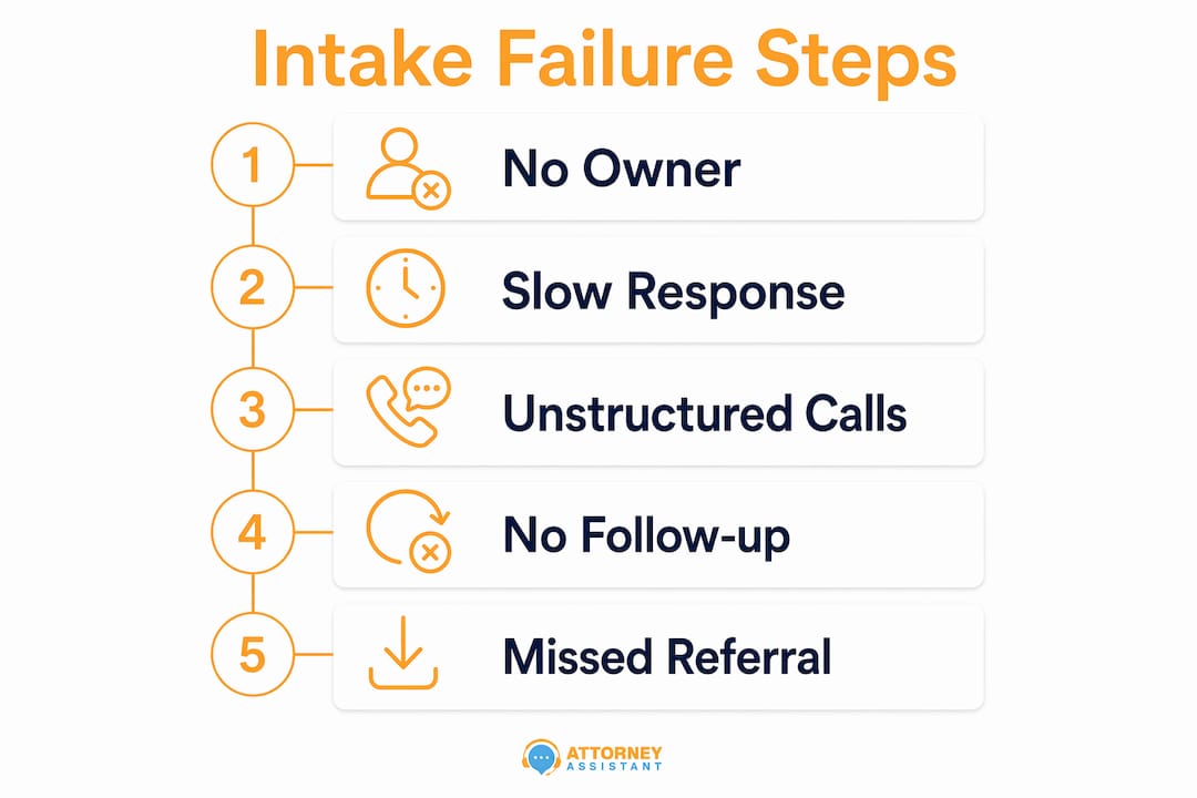 Infographic showing law firm intake failure process steps