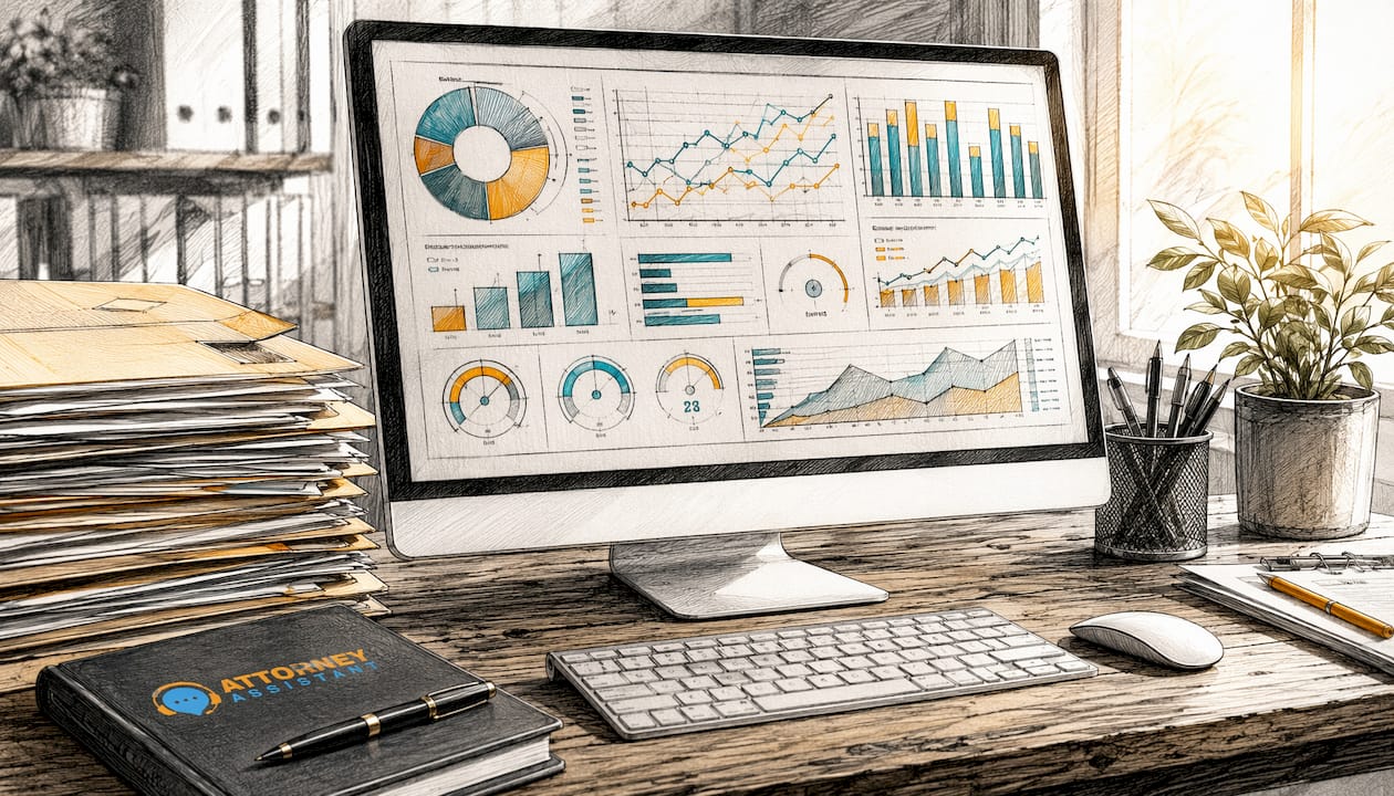 Legal operations dashboard on desk