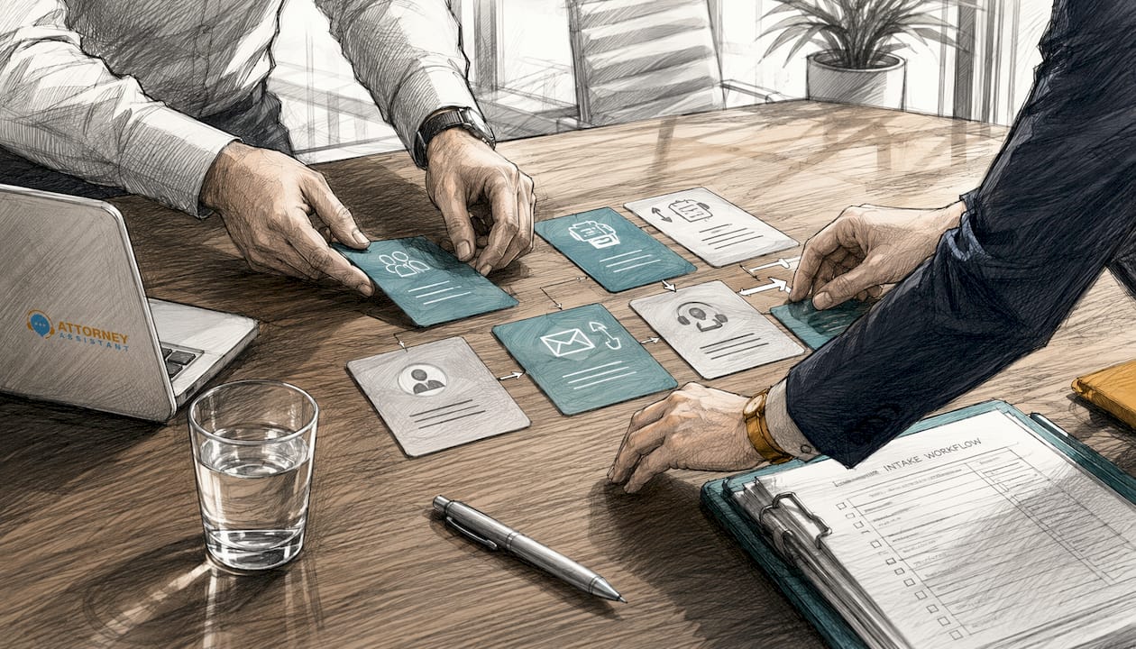 Hands organizing intake workflow cards