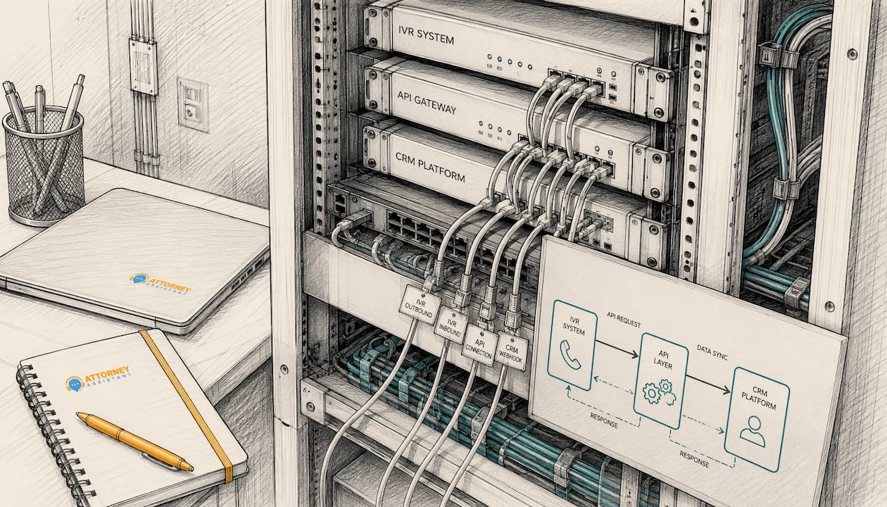 Line art of IVR CRM API integration environment