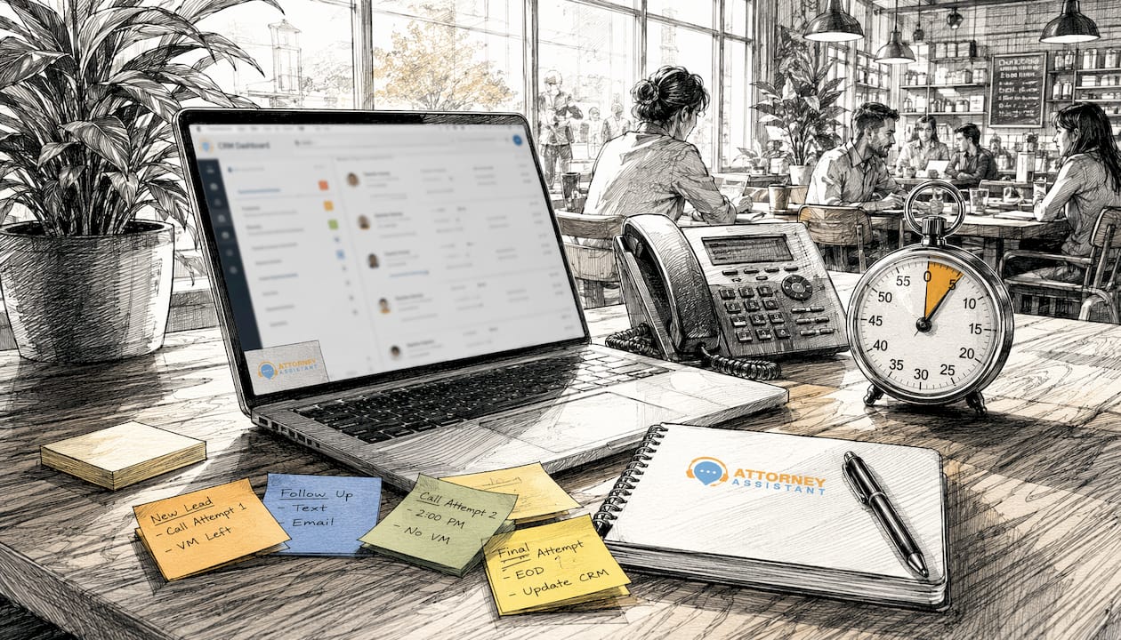 Desk with CRM and follow-up devices in legal intake