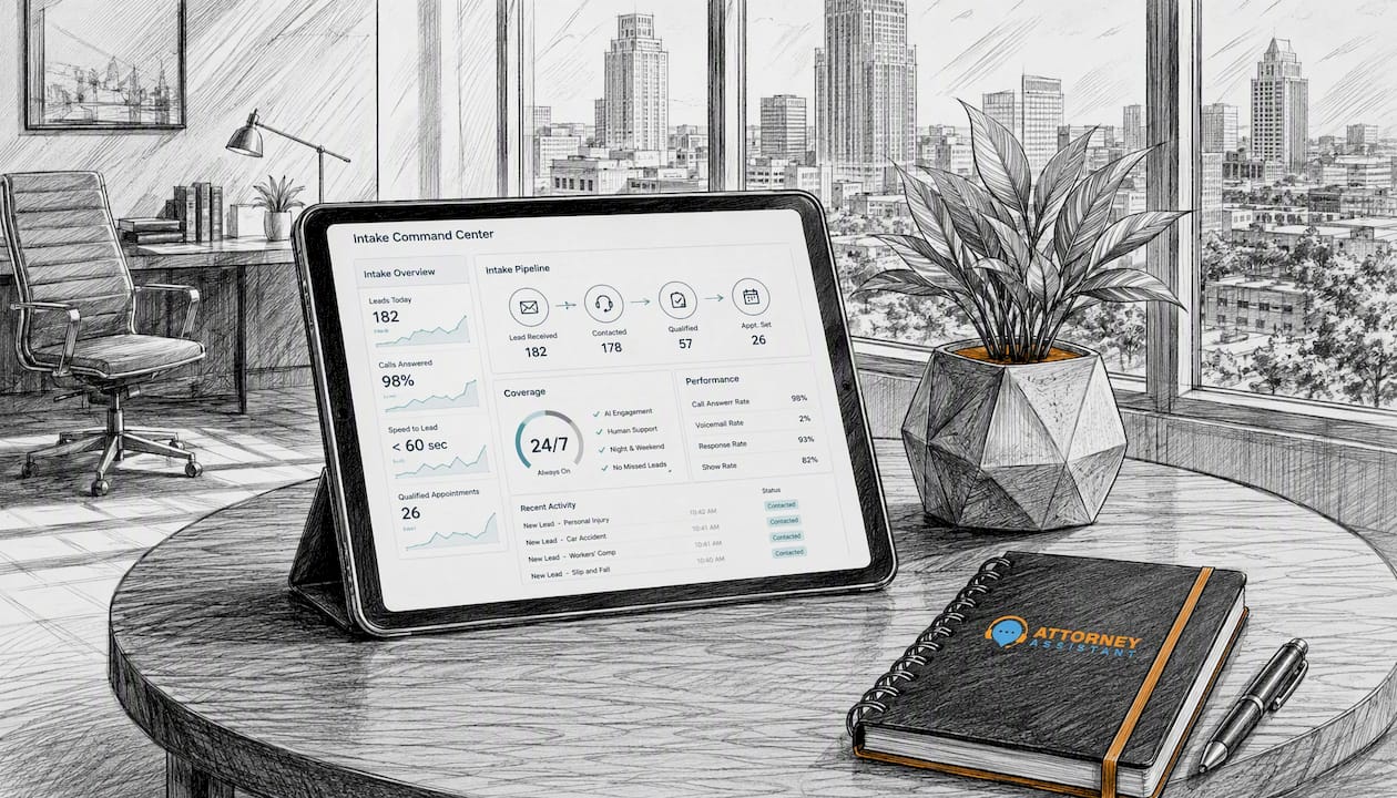 Sketch of legal intake automation dashboard at desk