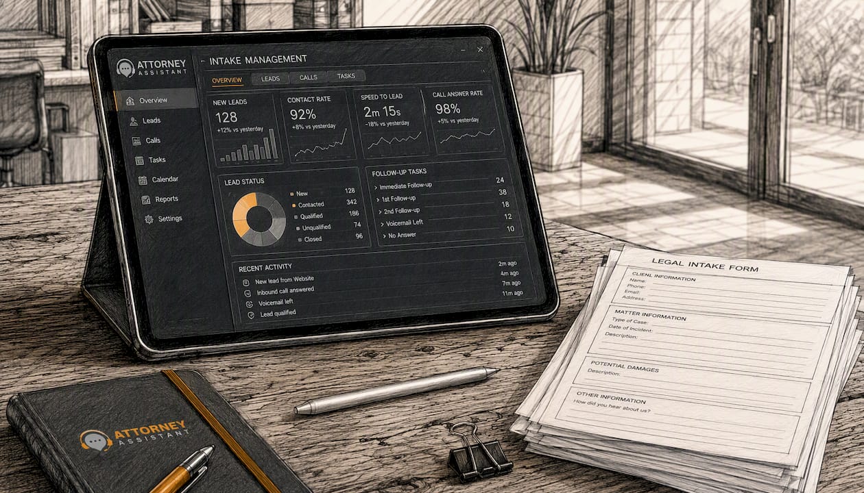 Intake dashboard on tablet with legal forms