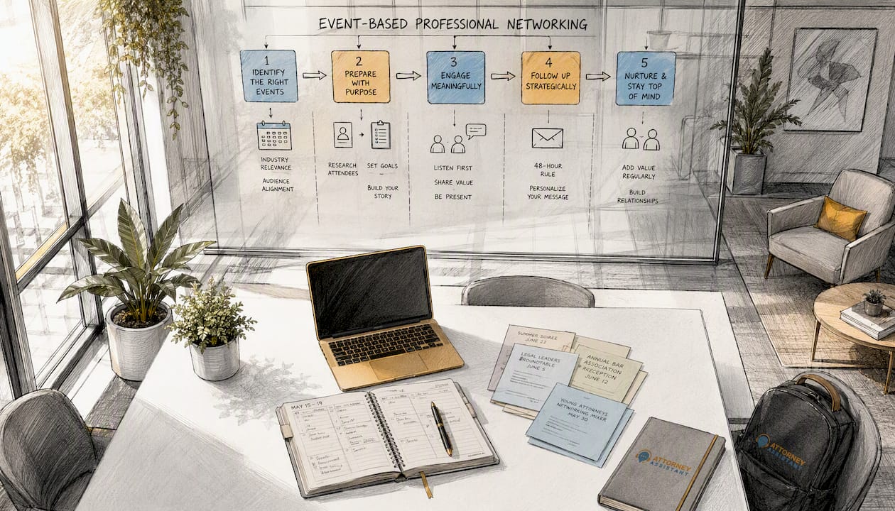 Office whiteboard with event networking flowchart